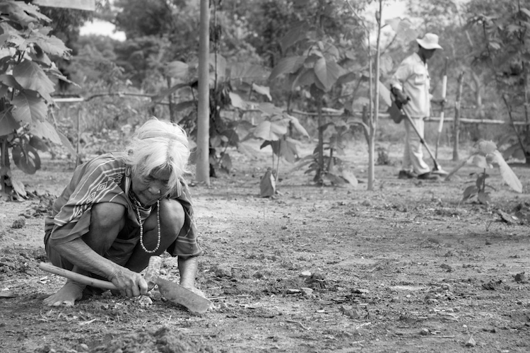 A technician with a UXO Lao bomb disposal team scans for bombs in a woman’s yard as she continues weeding. They work along a new road built atop the old Ho Chi Minh Trail.  ©2006/Jerry Redfern