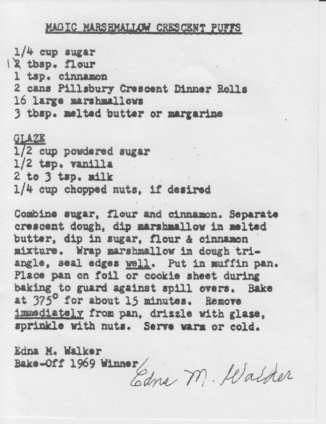 typewritten recipe for magic marshmallow crescent puffs