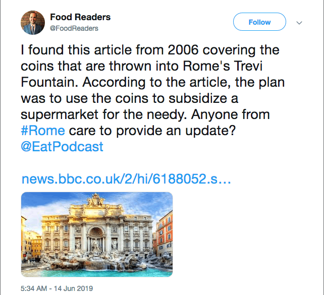 Tweet asking where the money collected from the Trevi Fountain goes