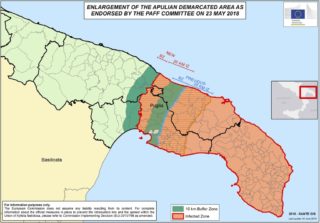 Map of Xylella containment zones in Puglia