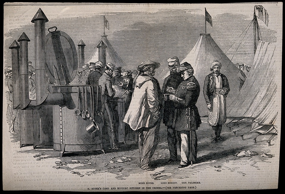 Engraving of Soyer in the Crimea with his stoves and two British army generals