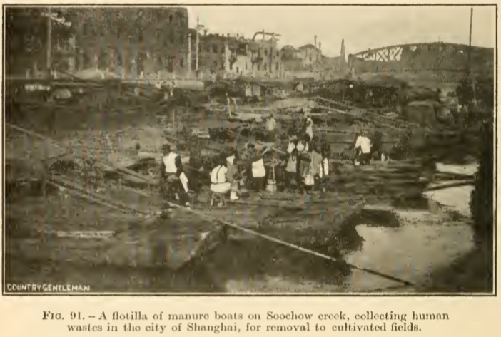 Photo of muck barges on a river in Shanghai from Franklin King's Farmers of Forty Centuries, published 1927