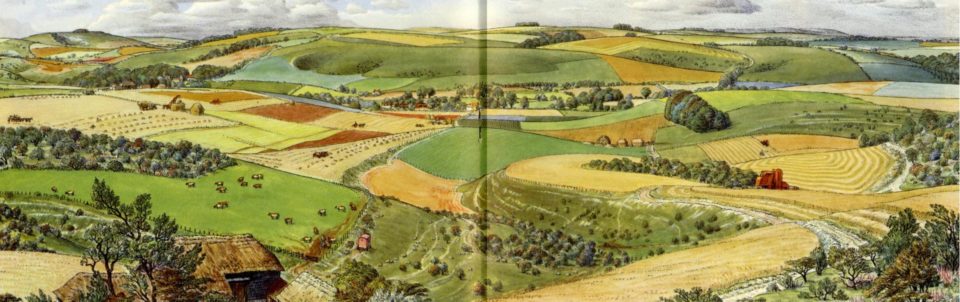 Watercolour by S.R. Badmin of a view over the Wiltshire downs in the 1950s