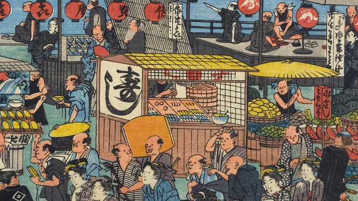 Detail from Utagawa Hiroshige’s [Amusements While Waiting for the Moon on the Night of the Twenty-sixth in Takanawa, showing sushi stalls serving tourists