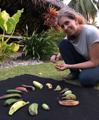 Julie Sardos with collection of diverse banana types