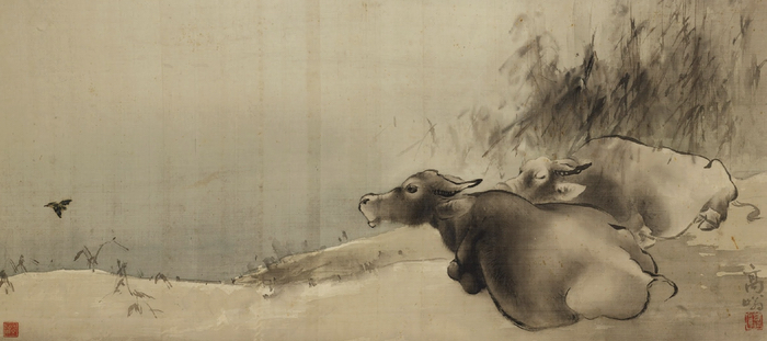 Two water buffalo ink on silk scroll by Gao Qifeng