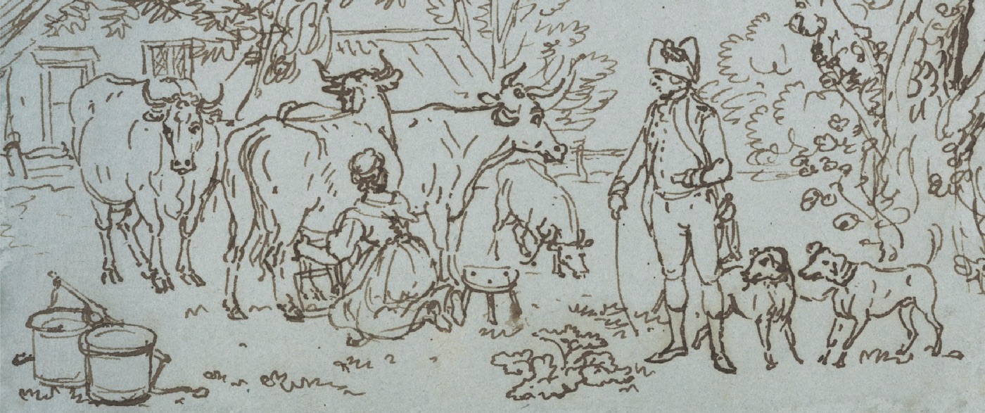Sketch of a country milkmaid with her three cows. A gentleman looks on.