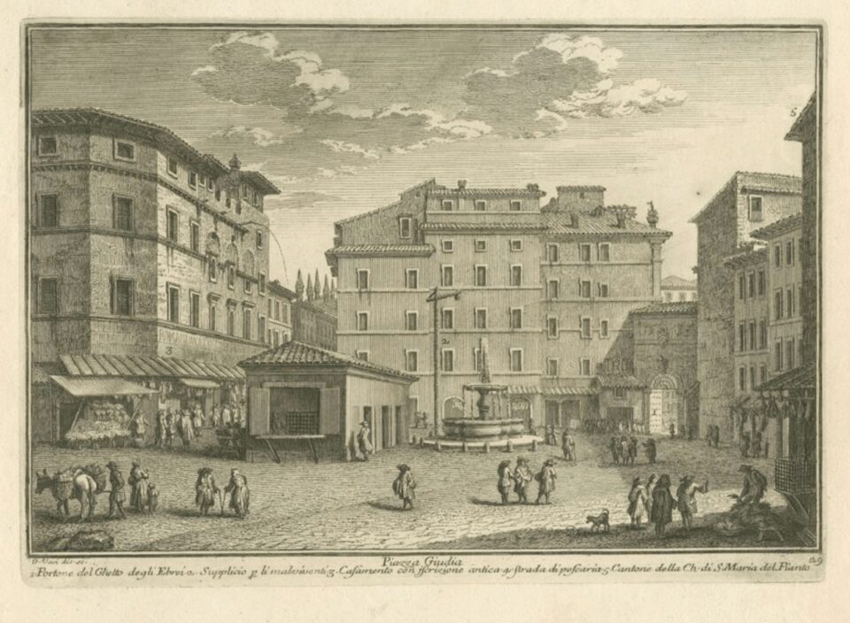 18th century engraving of the Piazza Giudia in Rome