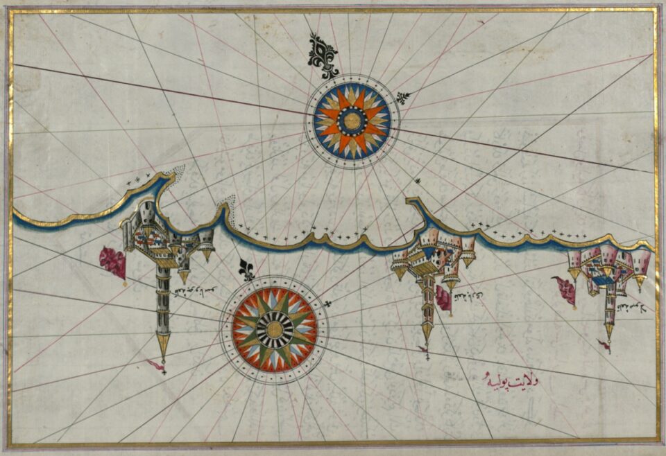 Early 16th century map of the port of Bari in Puglia and its surroundings. A curved line with fanciful castles where the towns are. A large compass rose points north.
