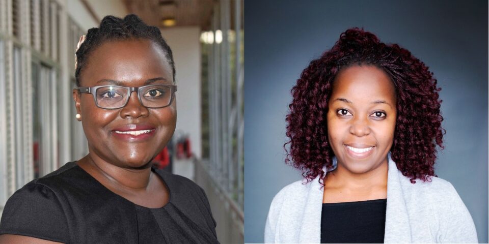 Side by side portraits of two women. The one on the left wears glasses and has her hair tied back. The one on the right has loose hair. Both have open faces and  smile gently.
